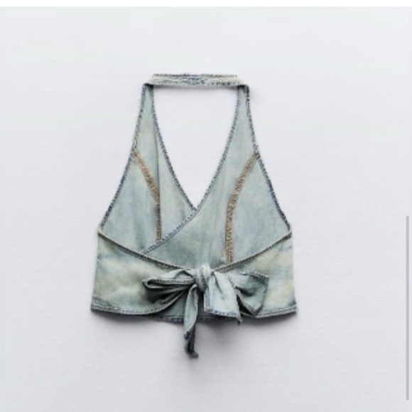 π ZARA DENIM ACID WASH HALTER STYLE BACK TIE CROP TOP! - Picture 14 of 15